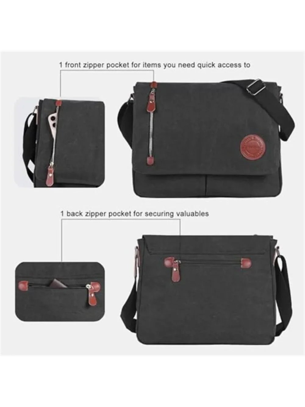 Canvas Messenger Bag Laptop Crossbody Satchel Shoulder Work Travel Black